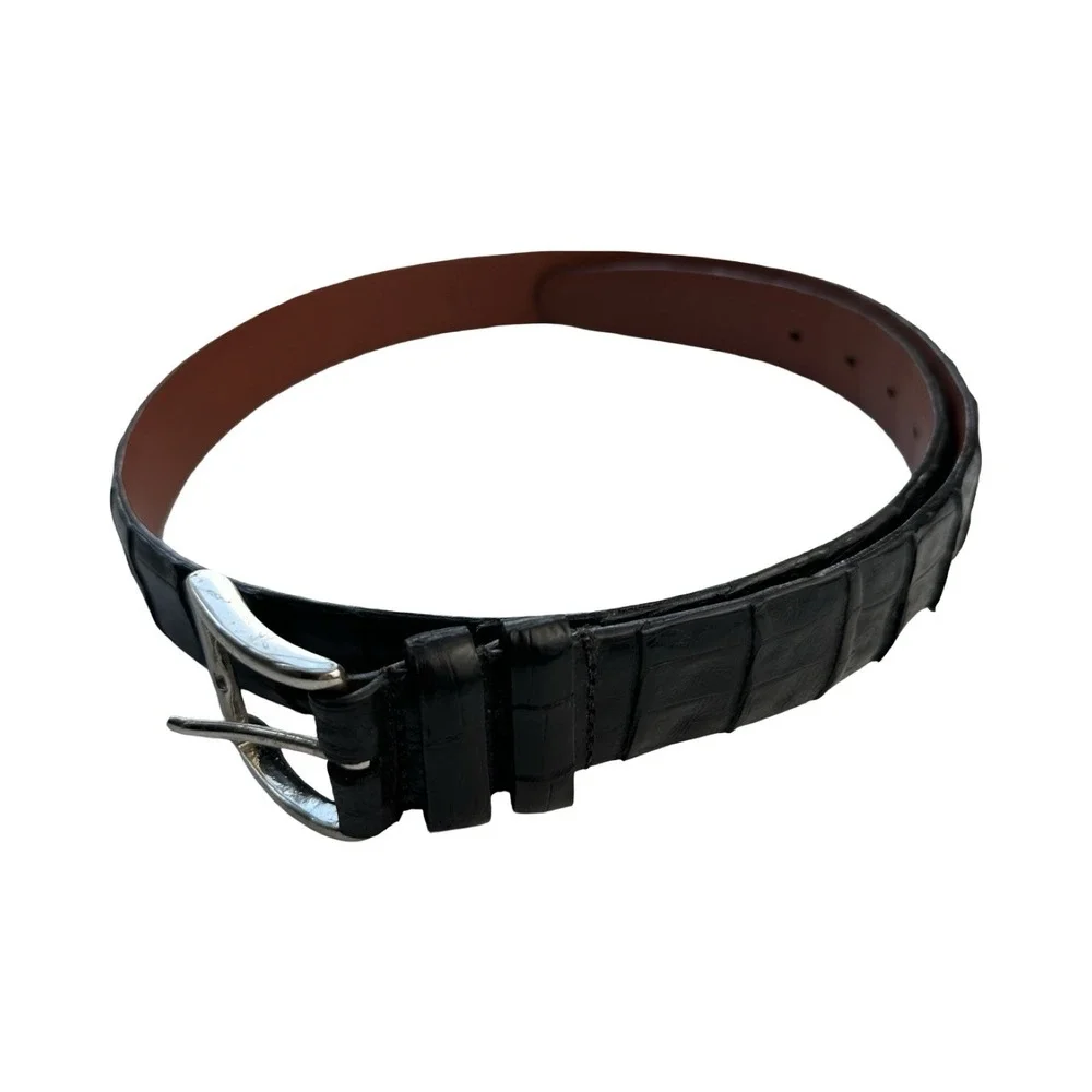Bespoke Solid Black Genuine Crocodile Belly Mens Belt Brass Buckle 36 NWOT